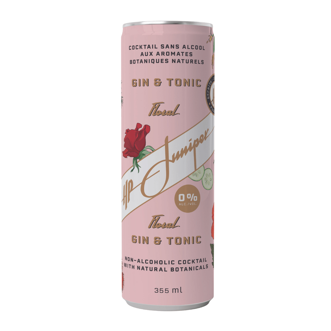Canette de Gin Tonic Floral sans Alcool de HP Juniper chez Coq'Tail Mixologie